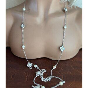 Brighton Silver Clover & Faux Pearl Crystal Necklace Wear Long Or Doubled 44”